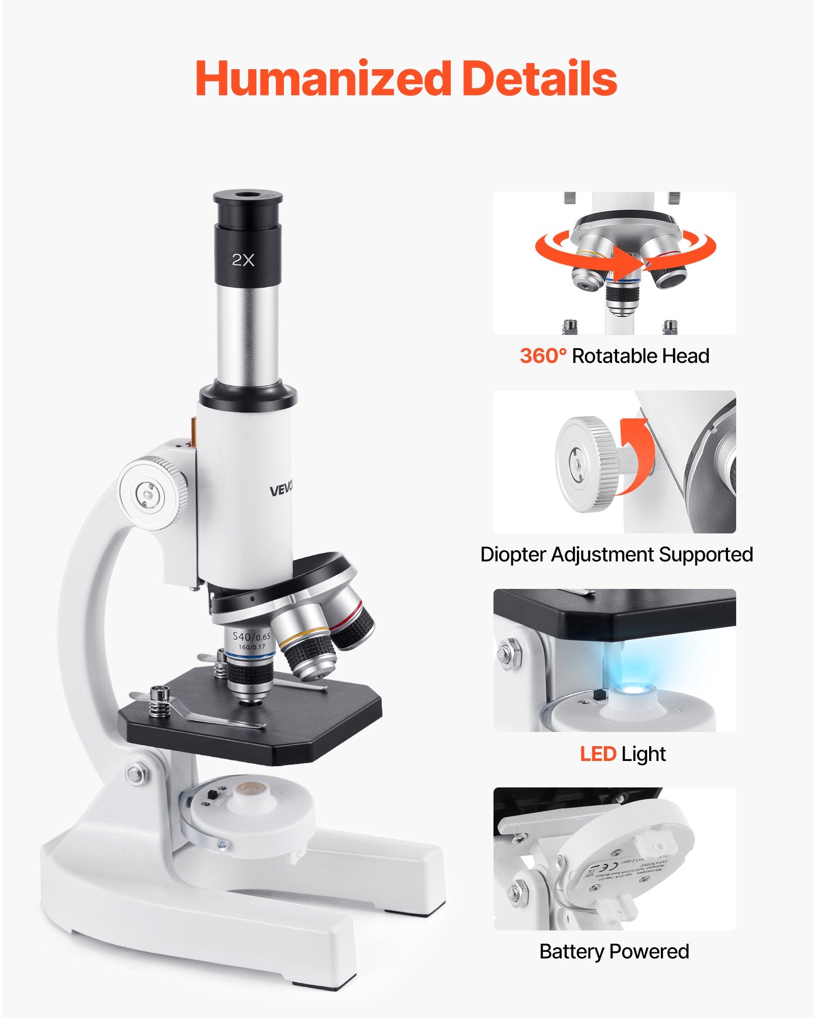 Monokulinis mikroskopas VEVOR xsp-01A, 40-2000x padidinimas
