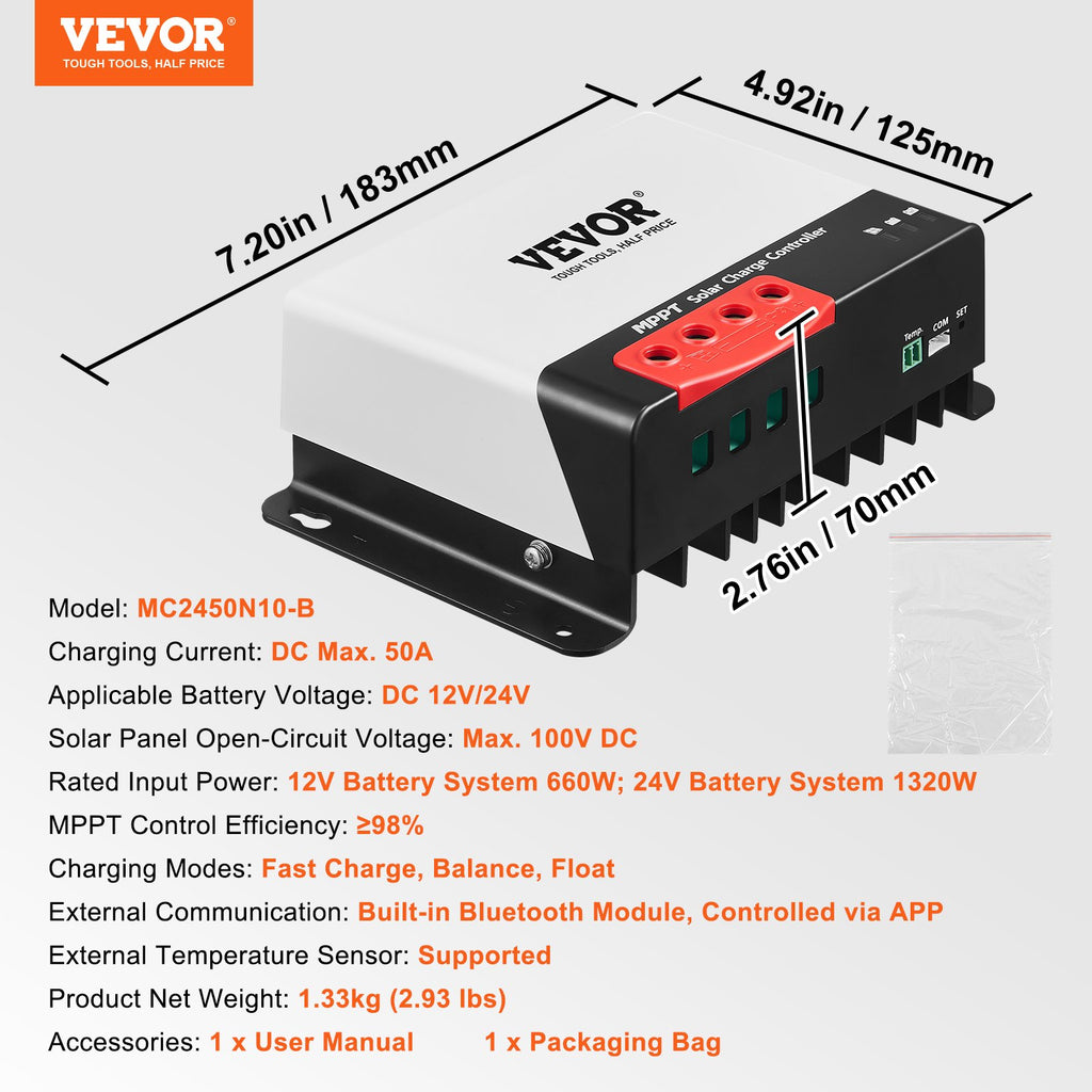 Saulės įkrovimo valdiklis VEVOR MC2450N10-B, 50A