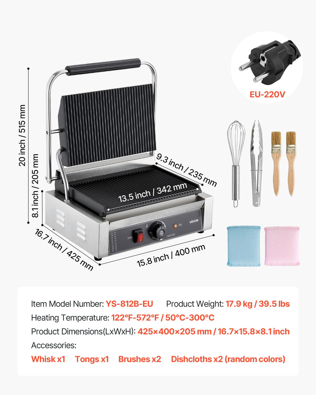 Profesionalus kontaktinis grilis VEVOR YS-812B-EU, 2200 W