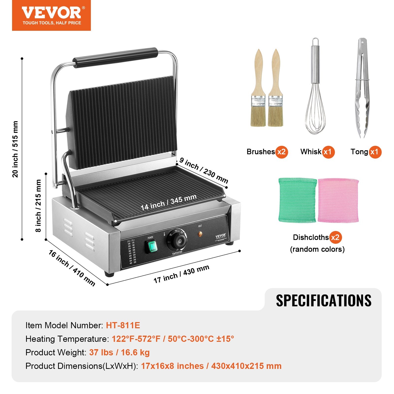 Kontaktinis grilis VEVOR HT-811E, 35,6x22,9 cm