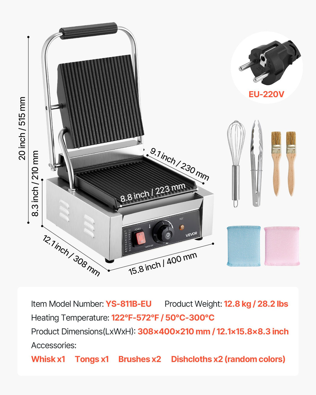 Profesionalus kontaktinis grilis VEVOR YS-811B-EU, 1800 W