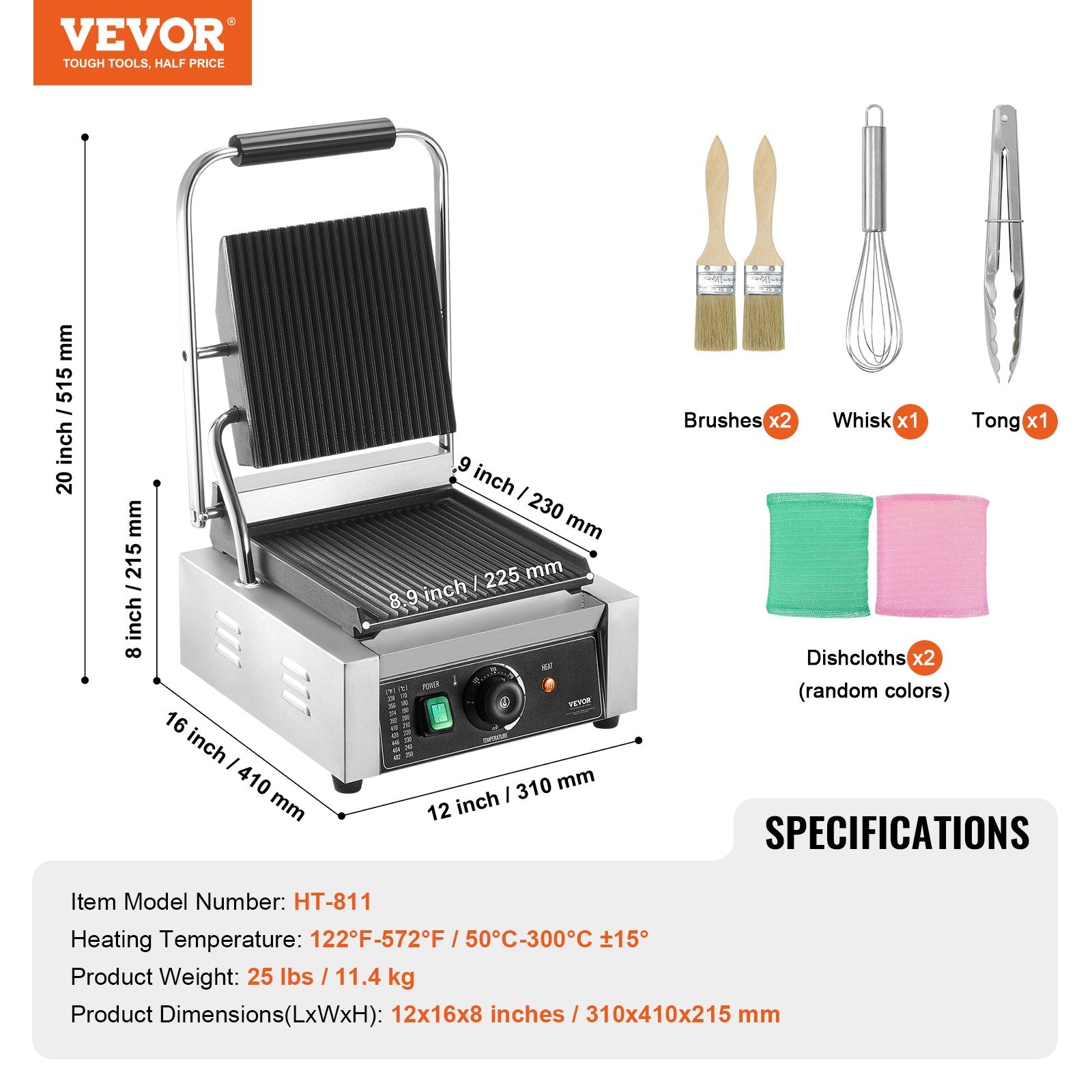 Kontaktinis panini grilis VEVOR HT-811, 1800W