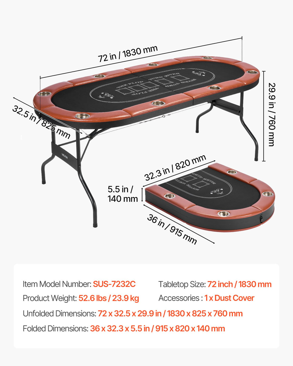 Sulankstomas pokerio stalas VEVOR SUS-7232C, 8 žaidėjams