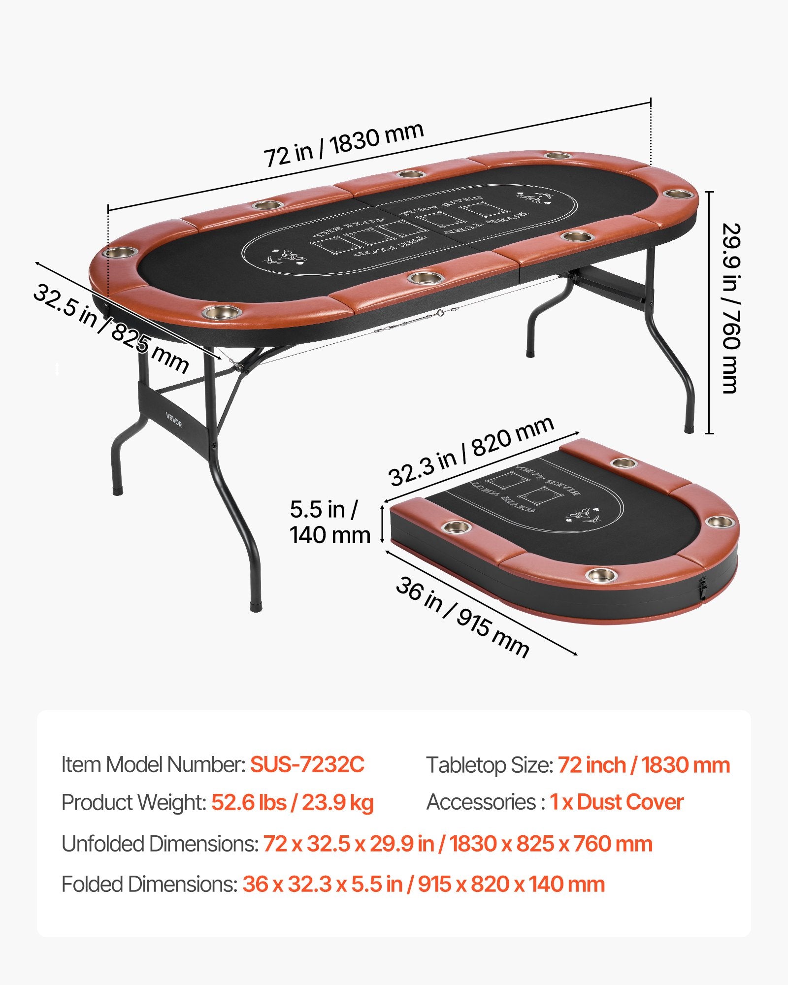 Sulankstomas pokerio stalas VEVOR SUS-7232C, 8 žaidėjams