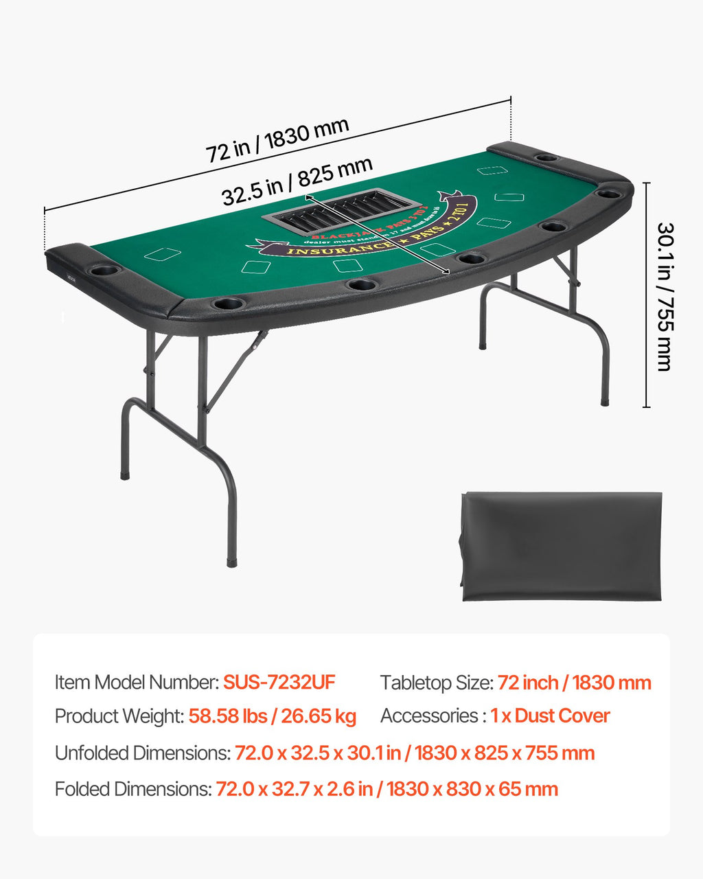 Sulankstomas pokerio stalas VEVOR SUS-7232UF, 7 žaidėjams, 183 cm