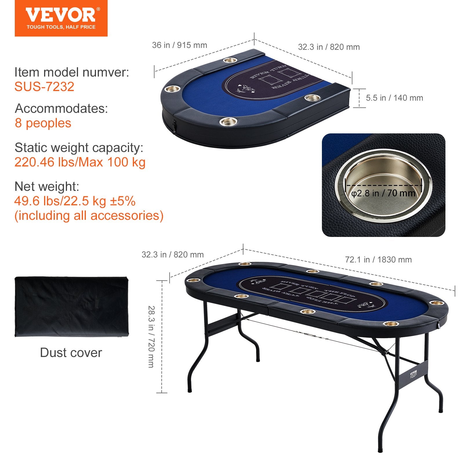 Sulankstomas pokerio stalas VEVOR SUS-7232, 1830 mm