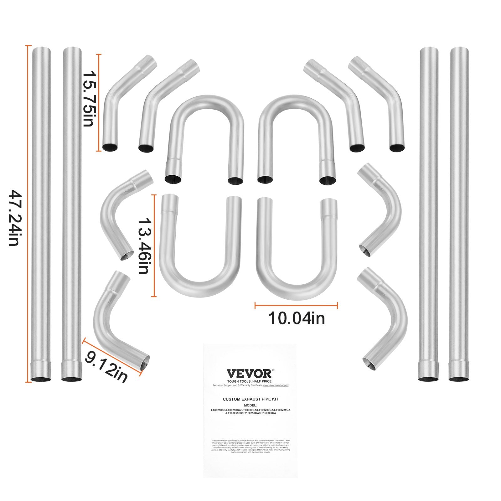 Išmetimo sistemos vamzdžių rinkinys VEVOR LT160250SS, 16 dalių