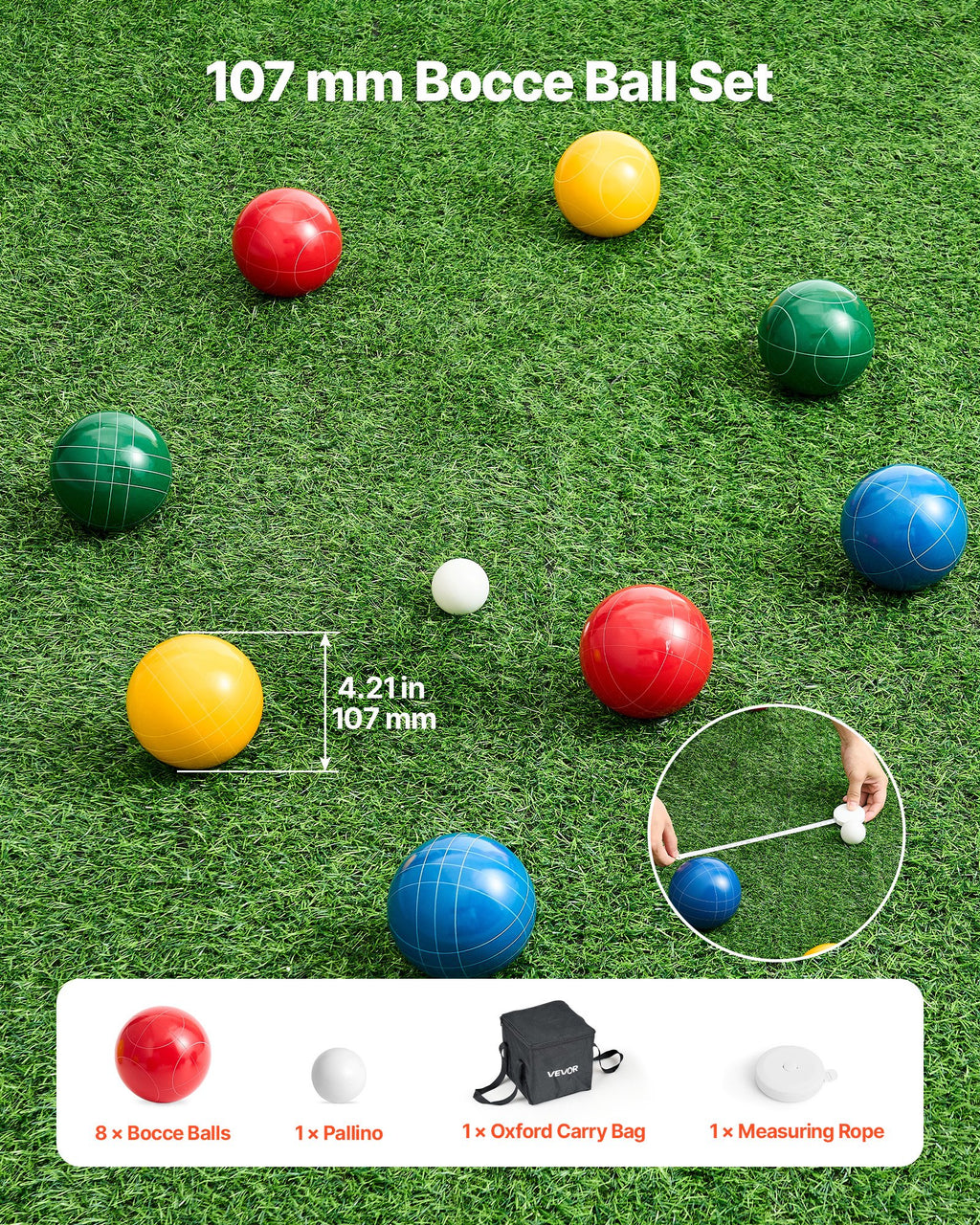 Bočės (Bocce) rutulių rinkinys VEVOR BZ-BBL107mm-4C, 107 mm