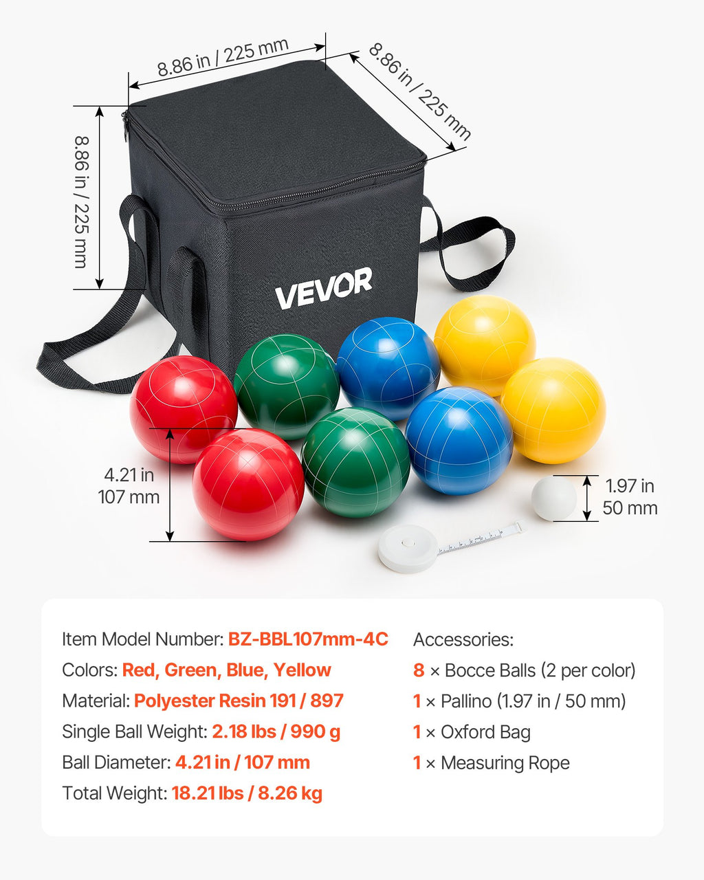 Bočės (Bocce) rutulių rinkinys VEVOR BZ-BBL107mm-4C, 107 mm