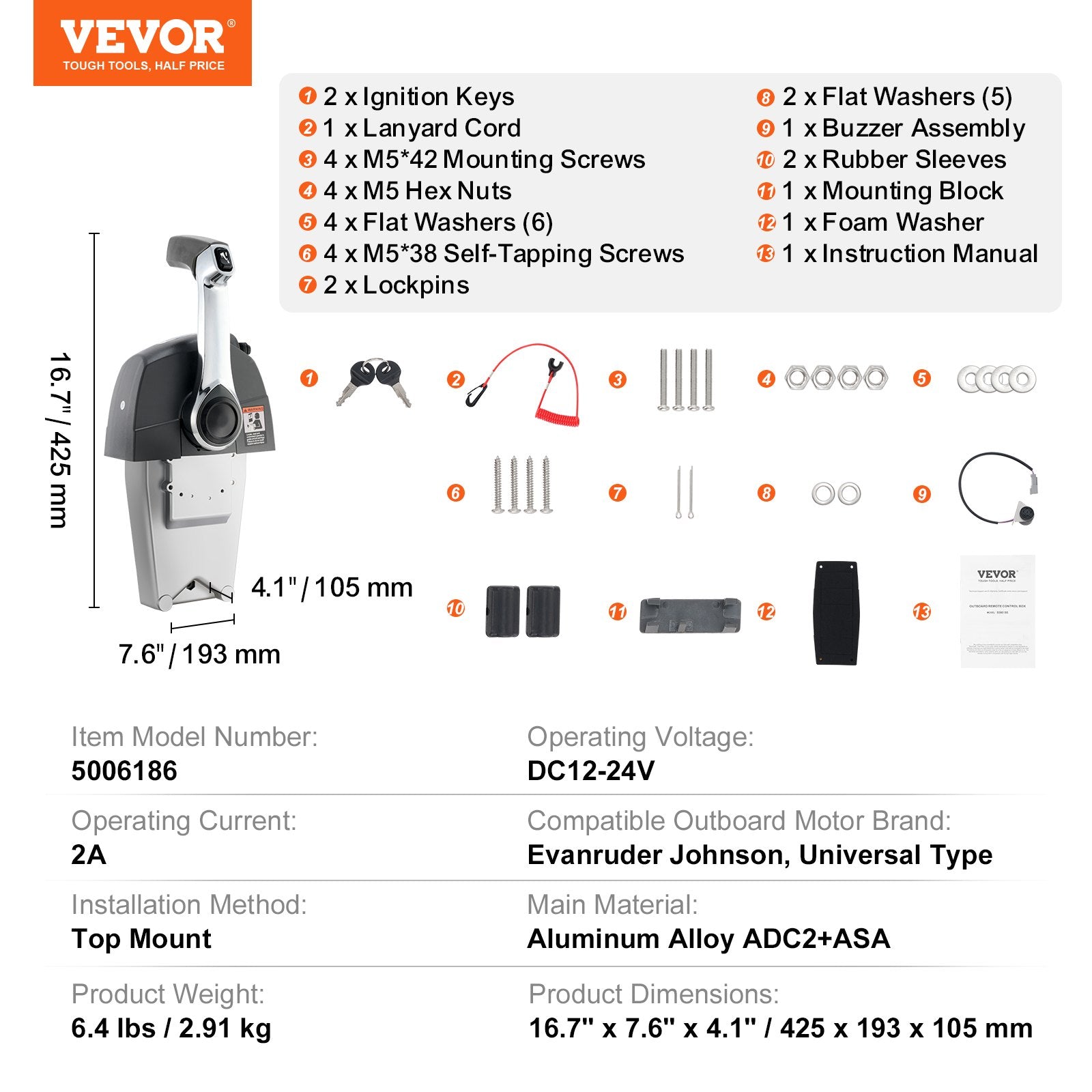 Valties variklio valdymo svirtis VEVOR 5006186, skirta Evinrude Johnson varikliams