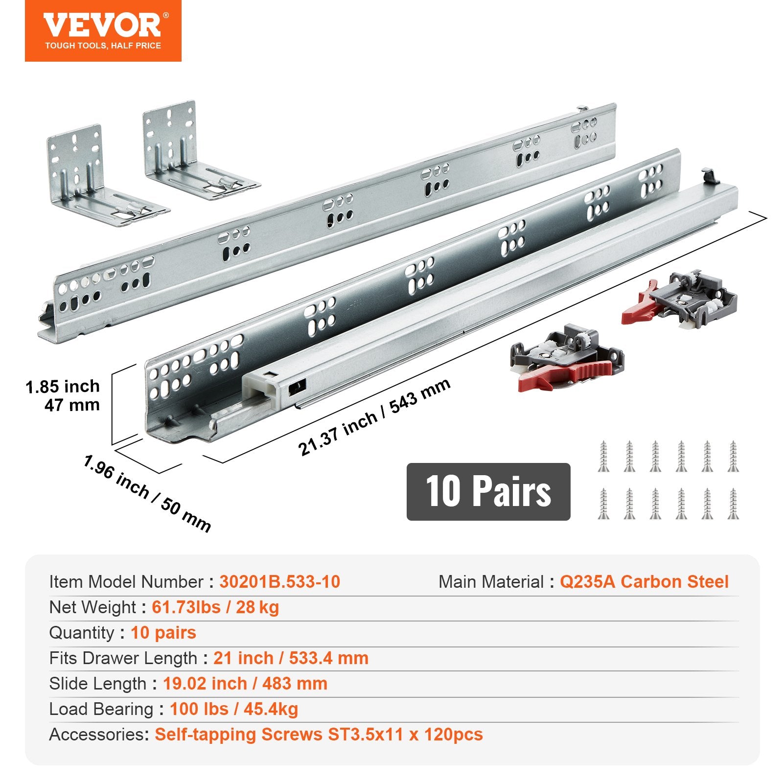 Stalčių bėgeliai VEVOR 30201B.533-10, 533,4 mm, 10 porų