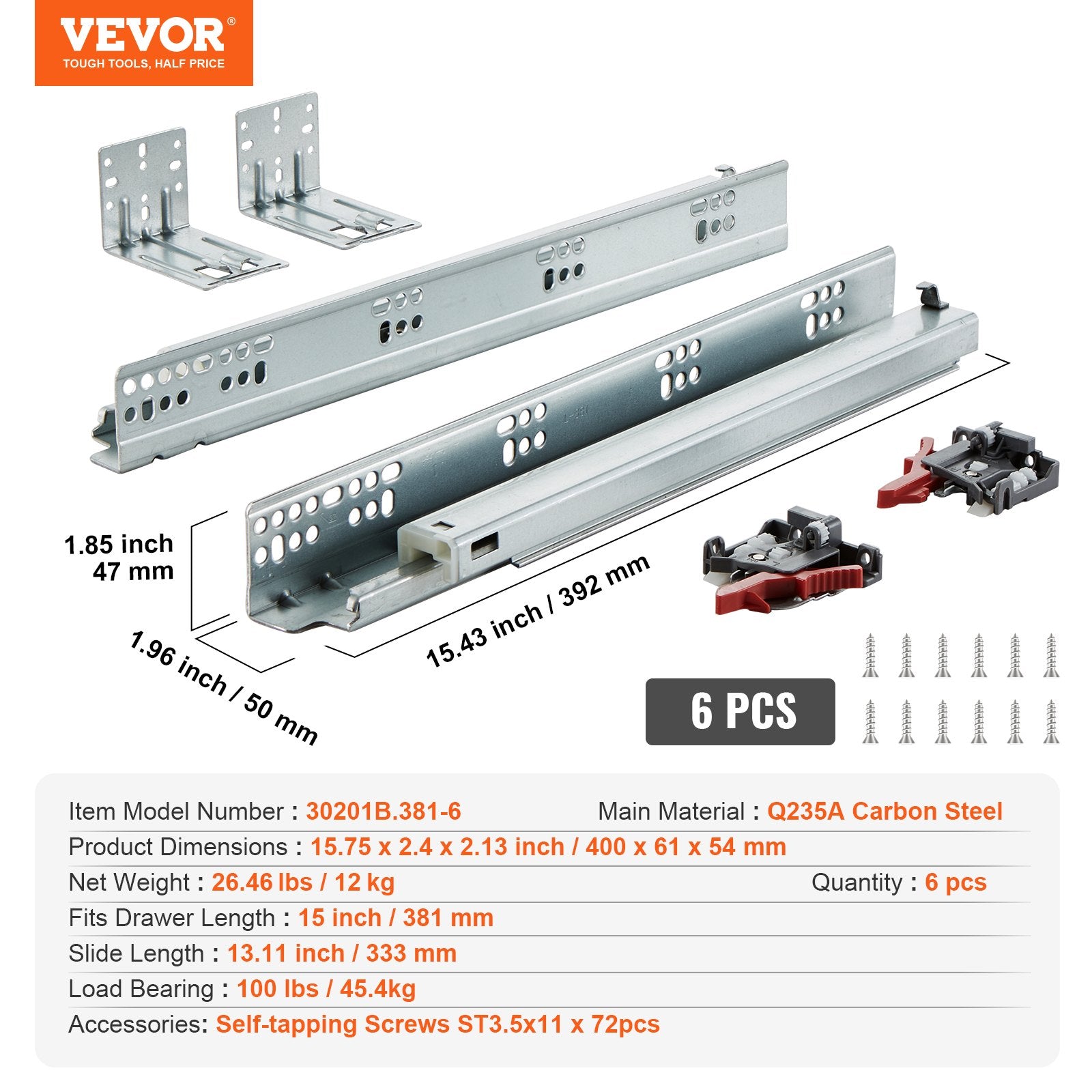 Stalčių bėgeliai VEVOR 30201B.381-6, 381 mm, 6 poros