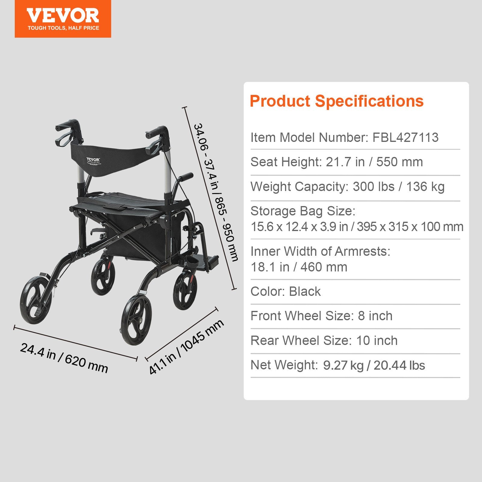 Neįgaliojo vežimėlis-vaikštynė (rolatorius) VEVOR FBL427113, 136 kg