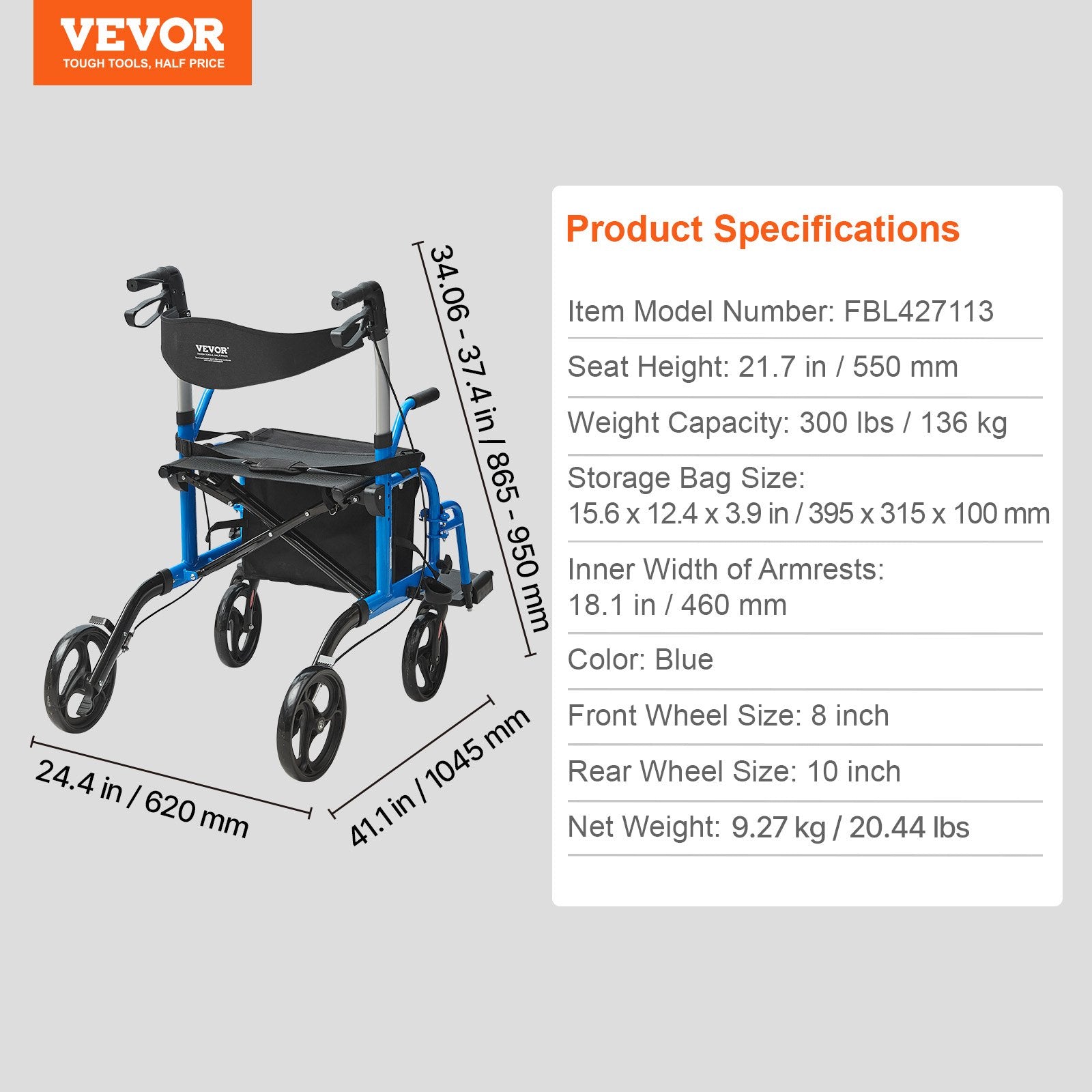 Neįgaliojo vežimėlis-vaikštynė VEVOR FBL427113, 136 kg apkrova