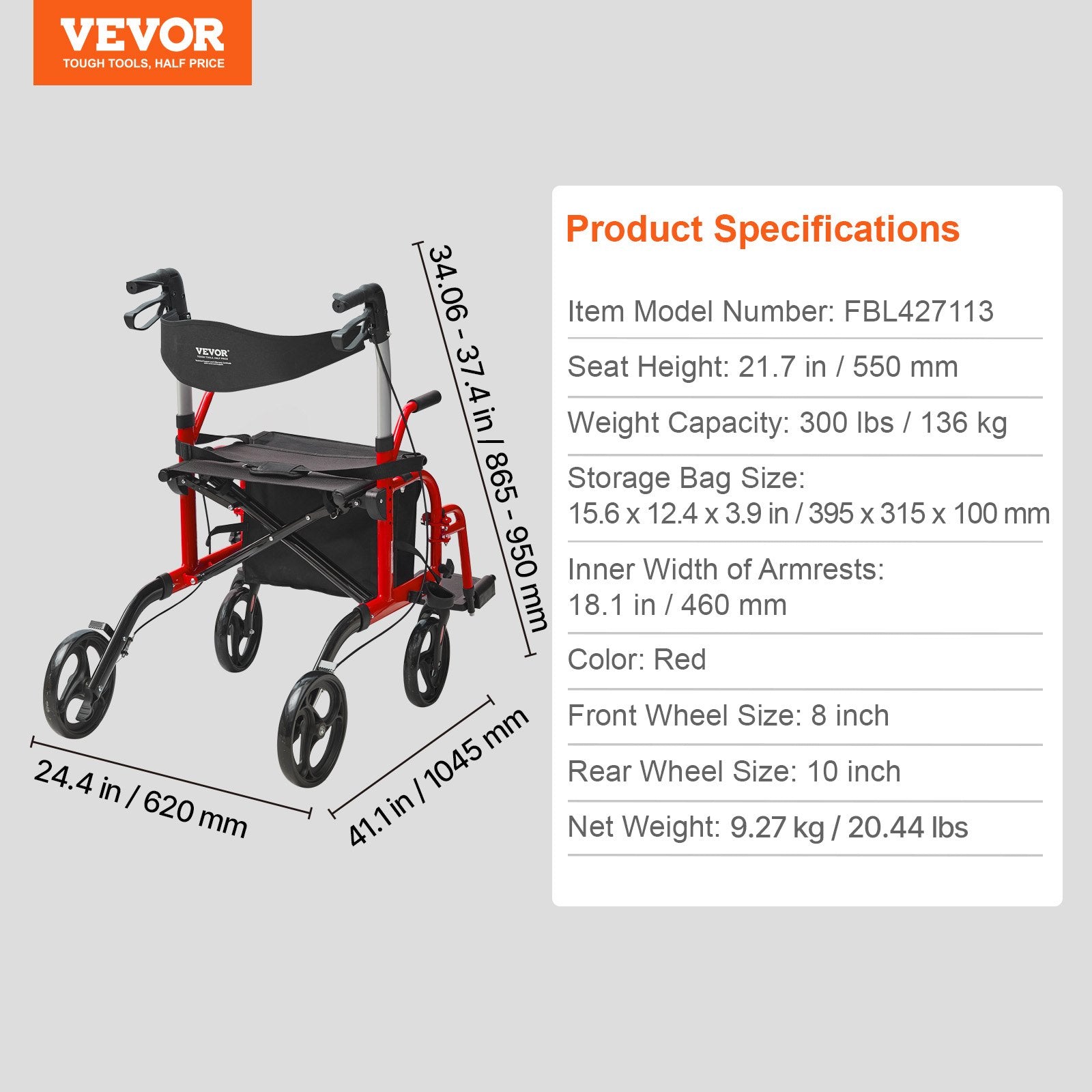 Neįgaliojo vežimėlis-vaikštynė VEVOR FBL427113, 136 kg