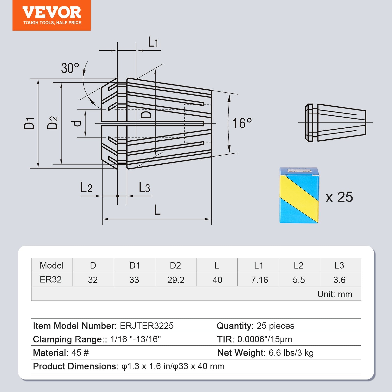 ER32 griebtuvų įvorių rinkinys VEVOR ERJTER3225, 25 vnt.