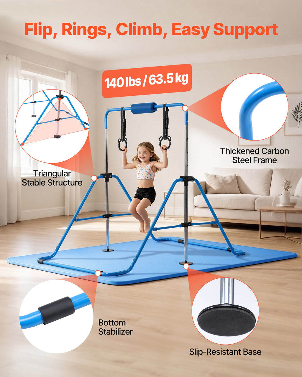 Gimnastikos skersinis vaikams VEVOR QT1893B, 63,5 kg apkrova