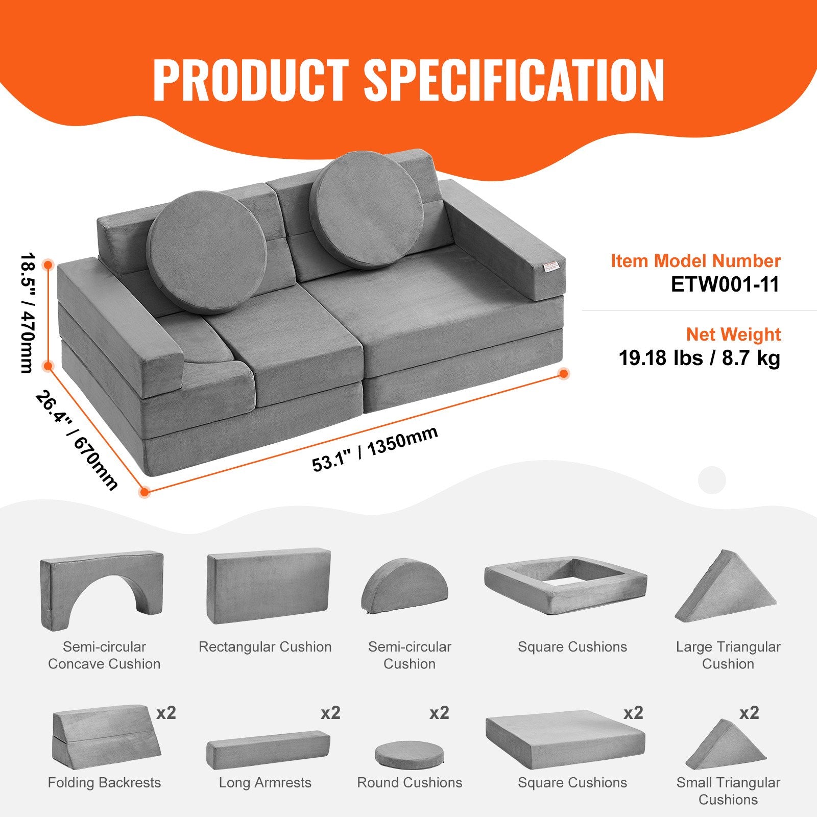 Modulinė vaikiška sofa VEVOR ETW001-11, 15 dalių