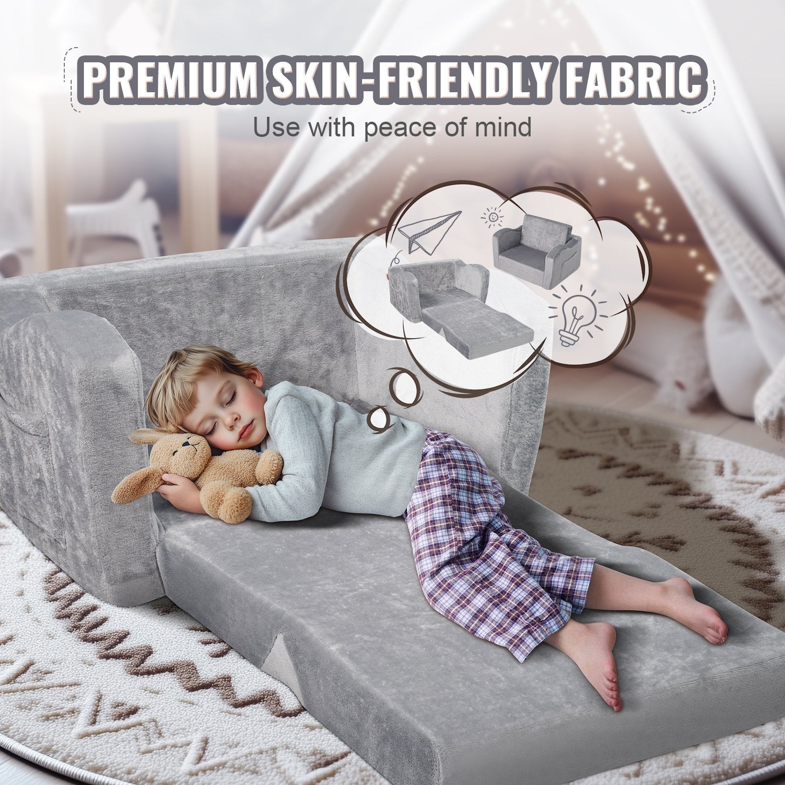 Vaikiška sofa-lova VEVOR FL-XY-3, 2-in-1 išskleidžiama konstrukcija