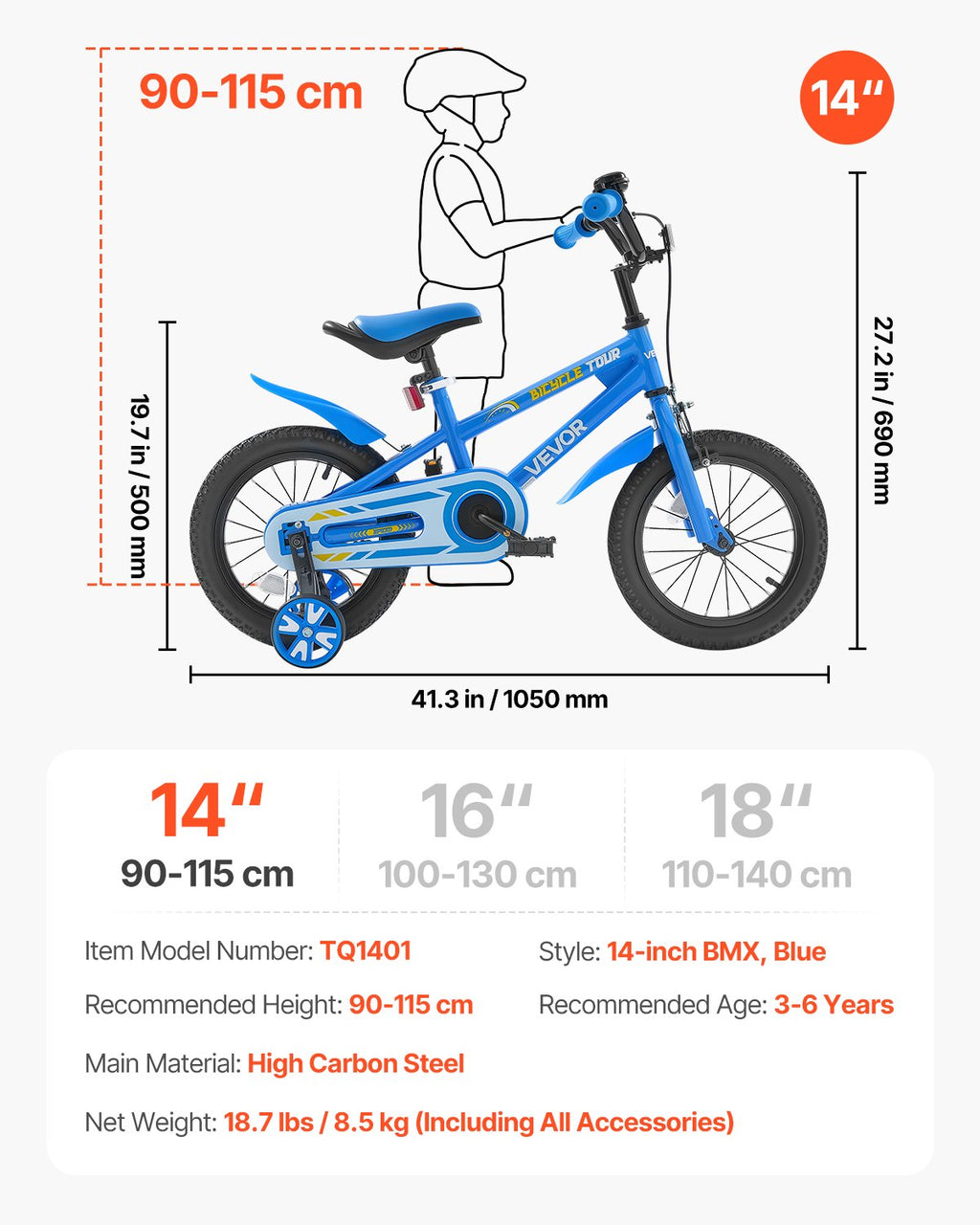 Vaikų dviratis VEVOR TQ1401, 14 colių ratai