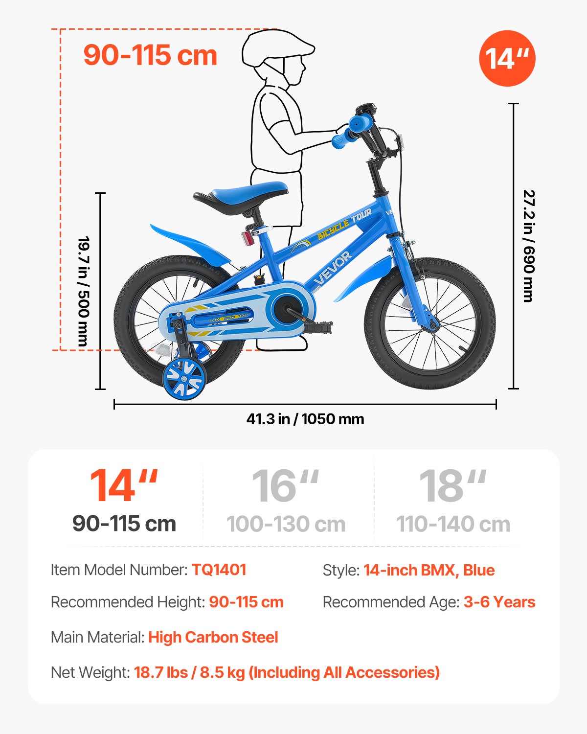 Vaikų dviratis VEVOR TQ1401, 14 colių ratai