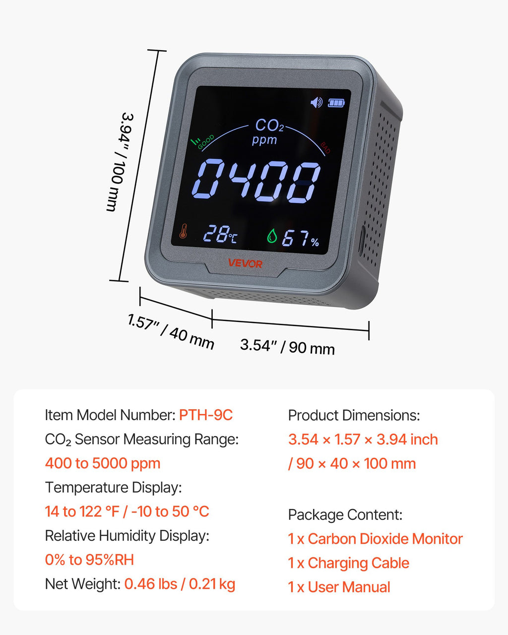 Anglies dvideginio (CO2) matuoklis VEVOR PTH-9C, su NDIR jutikliu