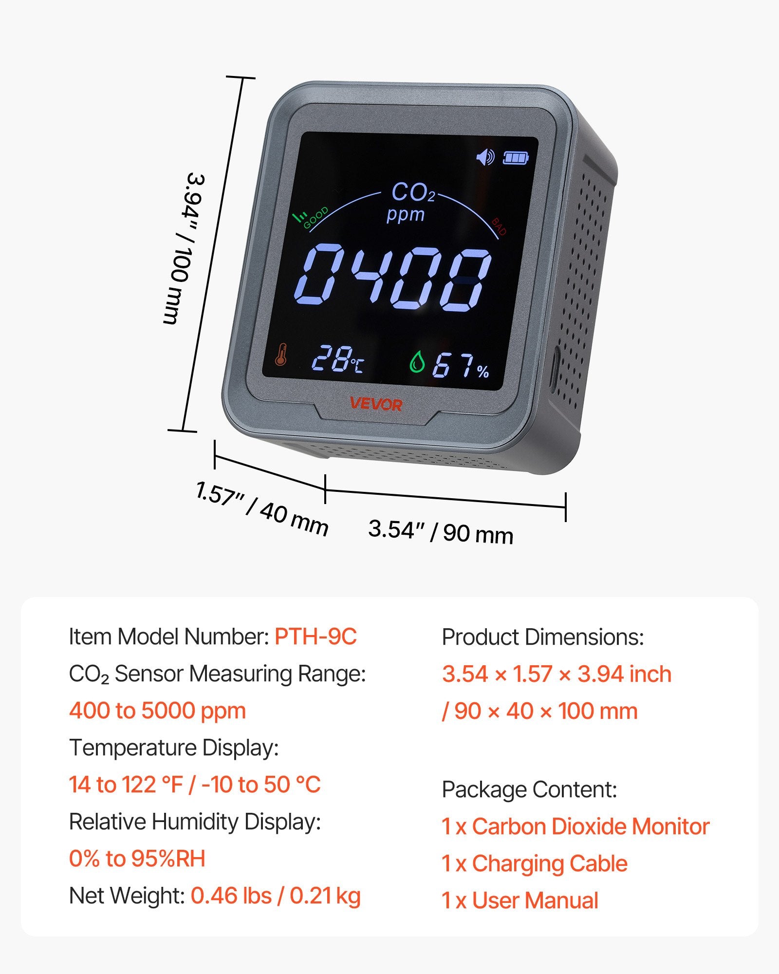 Anglies dvideginio (CO2) matuoklis VEVOR PTH-9C, su NDIR jutikliu