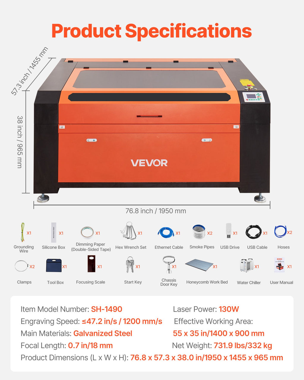 CO2 lazerinės graviravimo ir pjovimo staklės VEVOR SH-1490, 130W