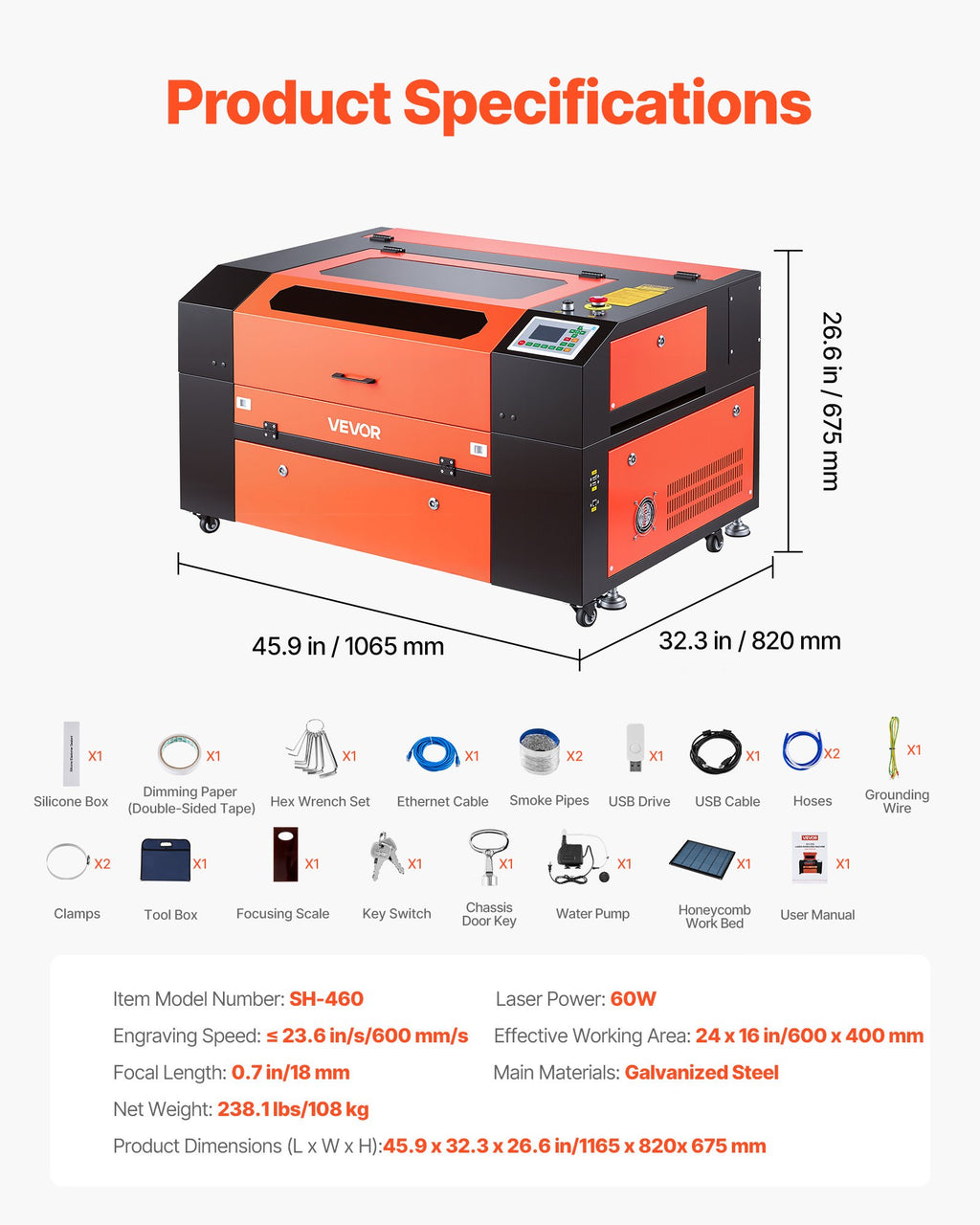 CO2 lazerinės graviravimo ir pjovimo staklės VEVOR SH-460, 60W