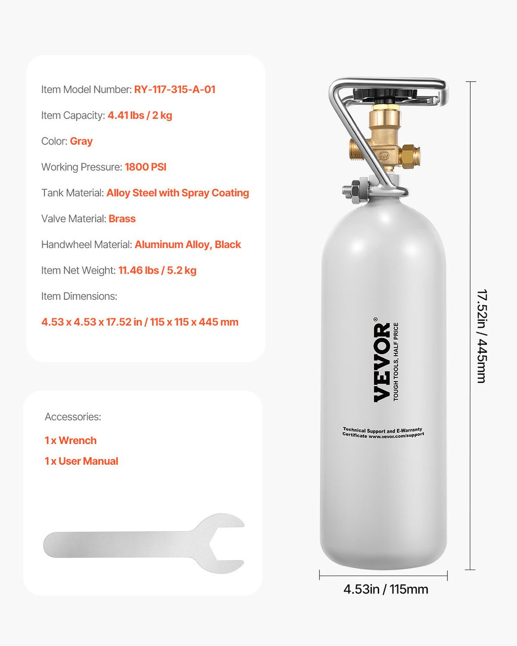 CO2 balionas VEVOR RY-117-315-A-01, 2 kg