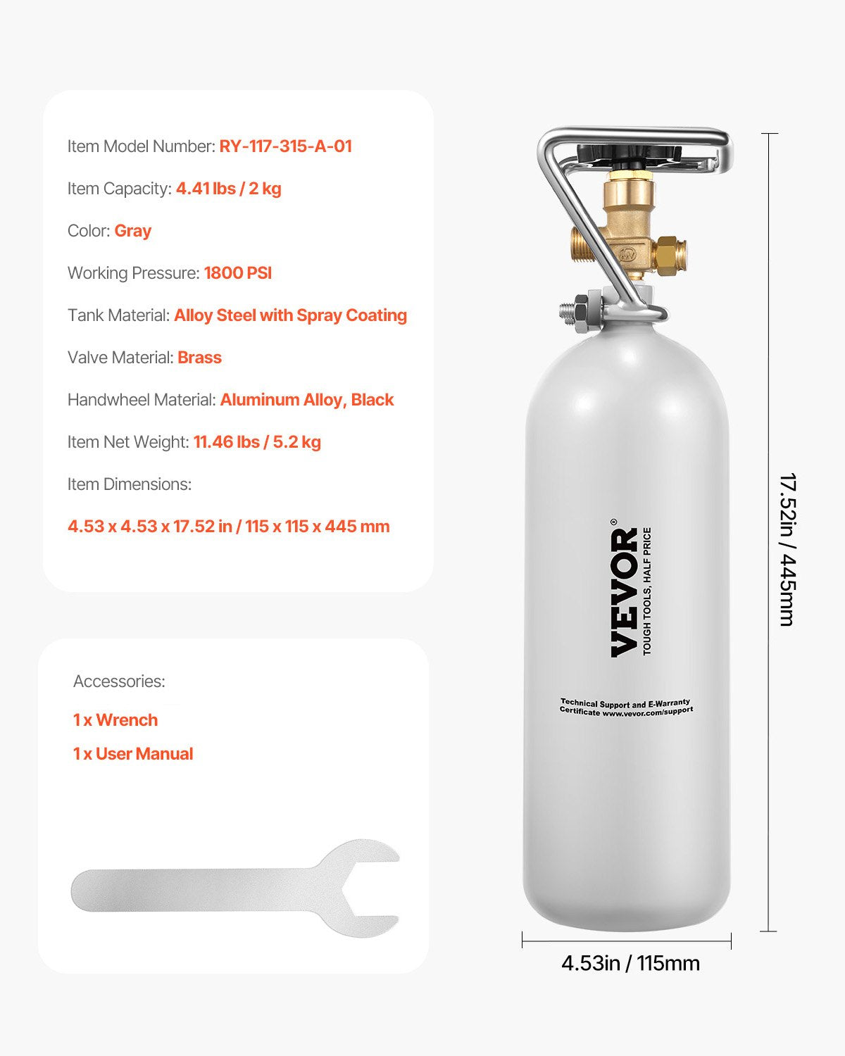 CO2 balionas VEVOR RY-117-315-A-01, 2 kg
