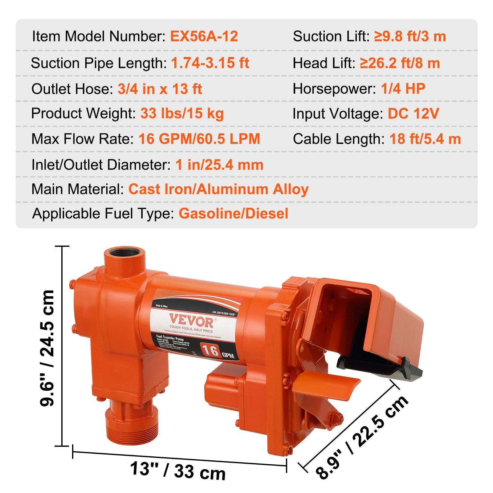 Degalų perpylimo siurblys VEVOR EX56A-12, 60,5 l/min