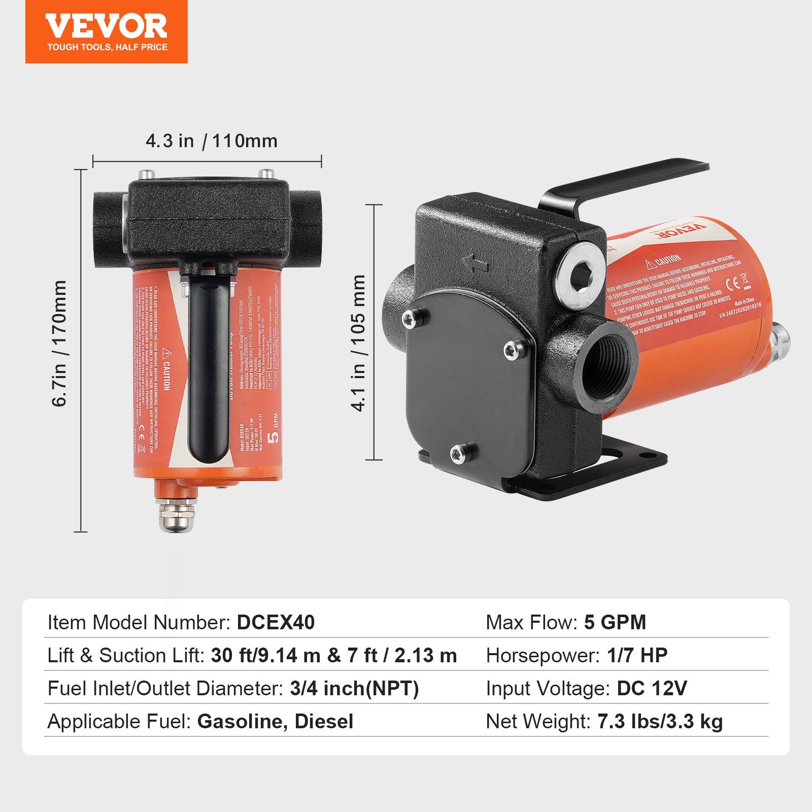 Kuro perpylimo siurblys VEVOR DCEX40, 19 l/min