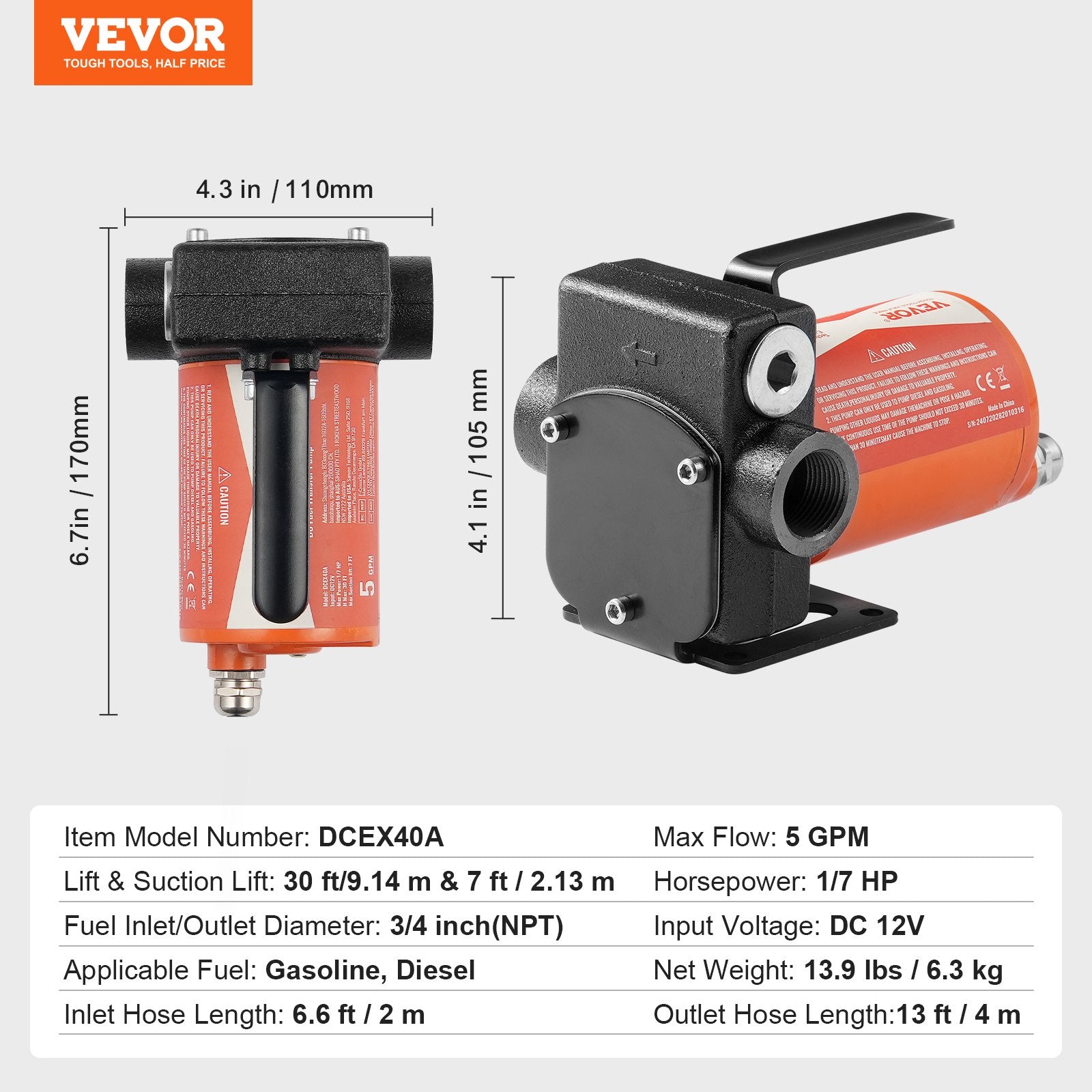 Kuro perpylimo siurblys VEVOR DCEX40A, 19 l/min