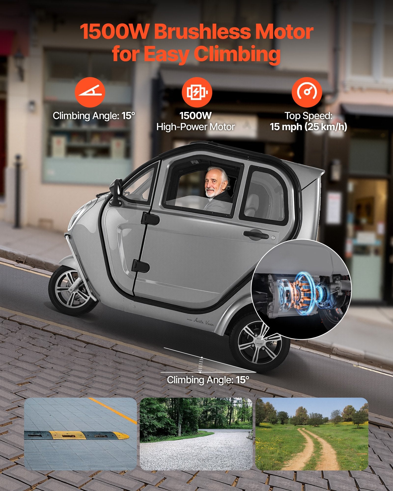 Elektrinis triratis uždaras motoroleris VEVOR YM1500DZK, 1500W