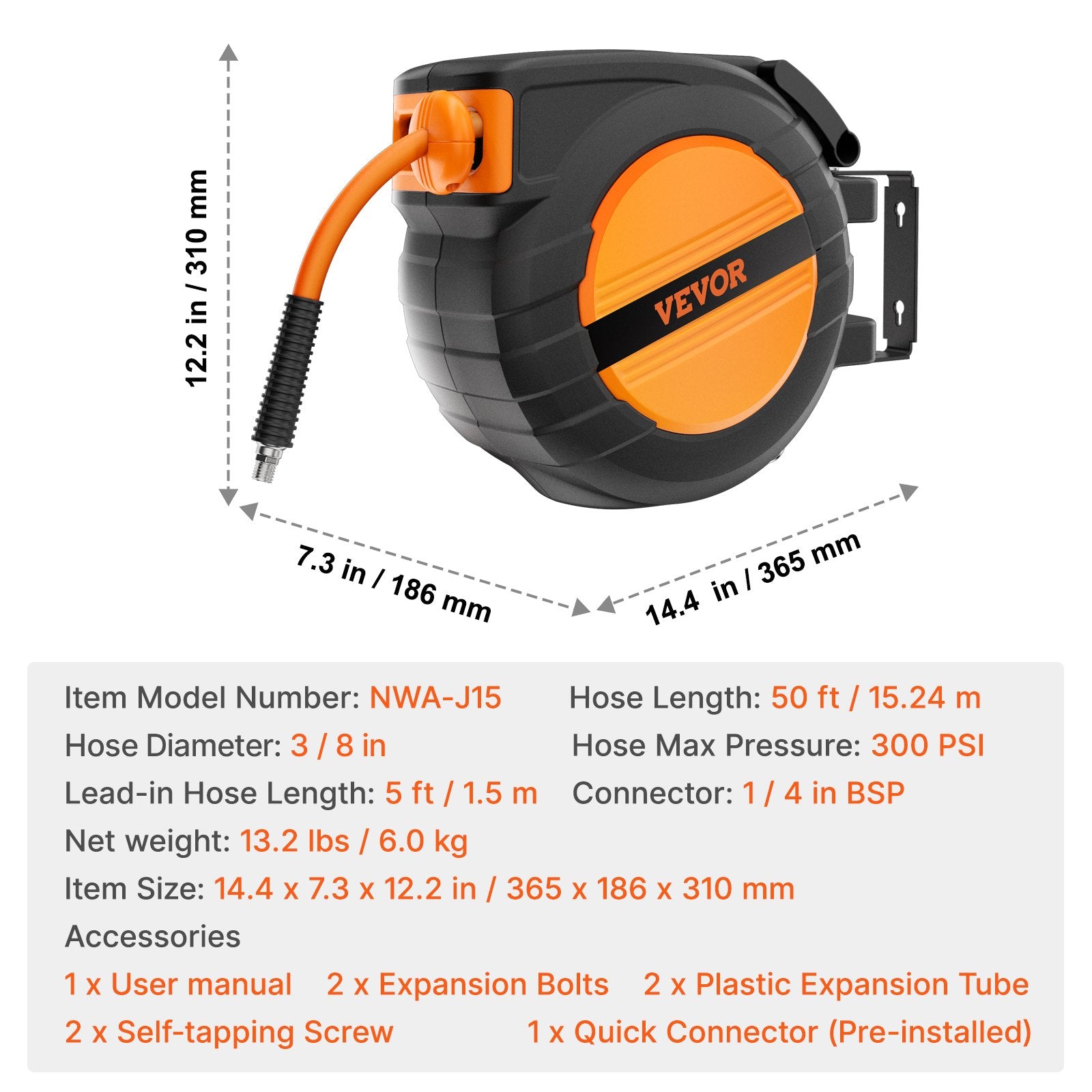 Automatinė oro žarnos ritė VEVOR NWA-J15, 15,24 m