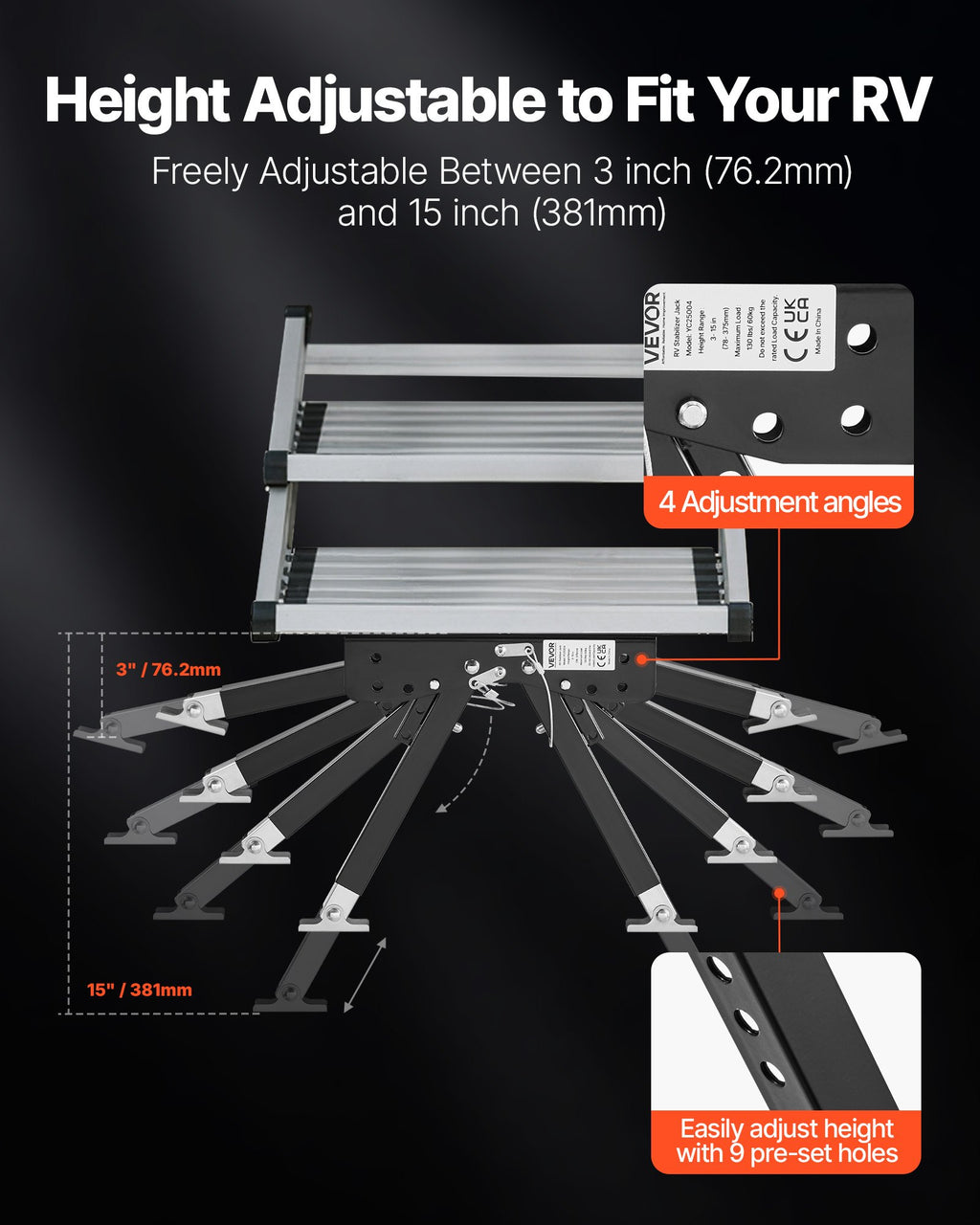 Namelio ant ratų laiptelio stabilizatorius VEVOR YC25004, reguliuojamas aukštis 76,2–381 mm
