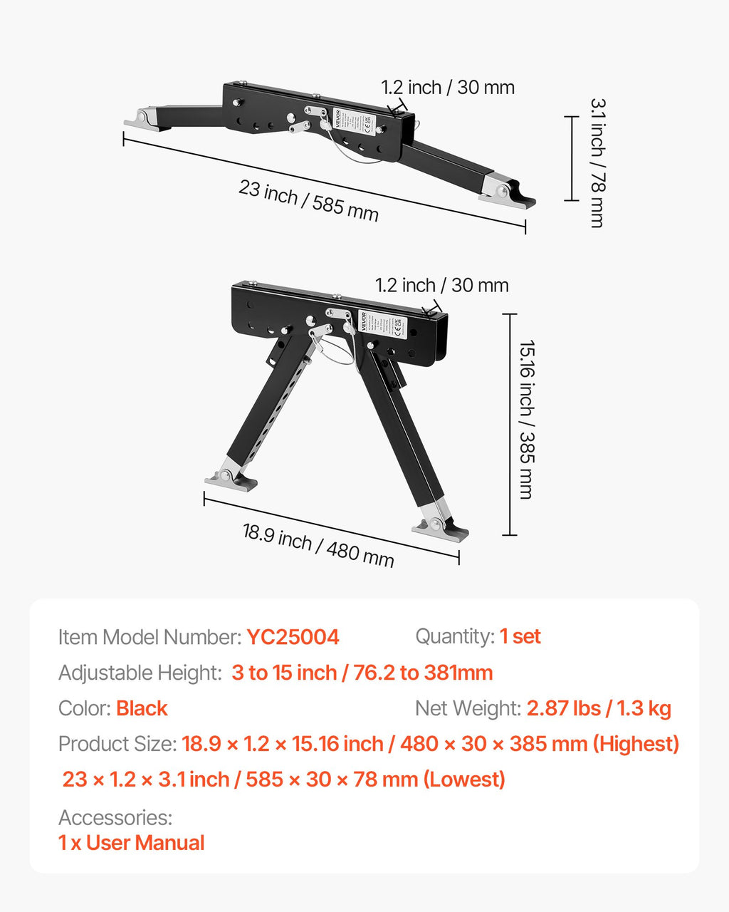 Namelio ant ratų laiptelio stabilizatorius VEVOR YC25004, reguliuojamas aukštis 76,2–381 mm