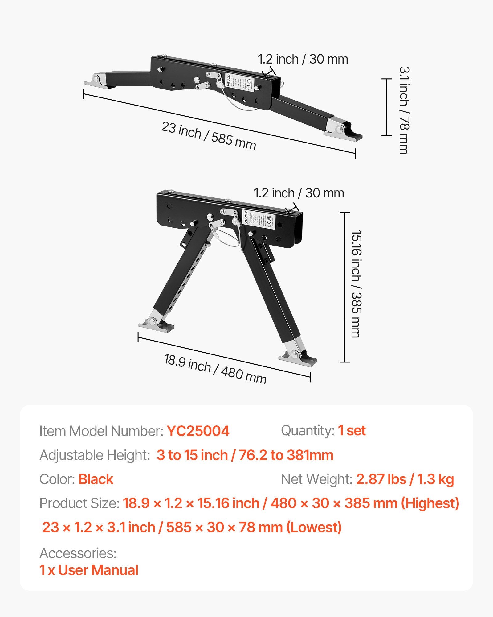 Namelio ant ratų laiptelio stabilizatorius VEVOR YC25004, reguliuojamas aukštis 76,2–381 mm