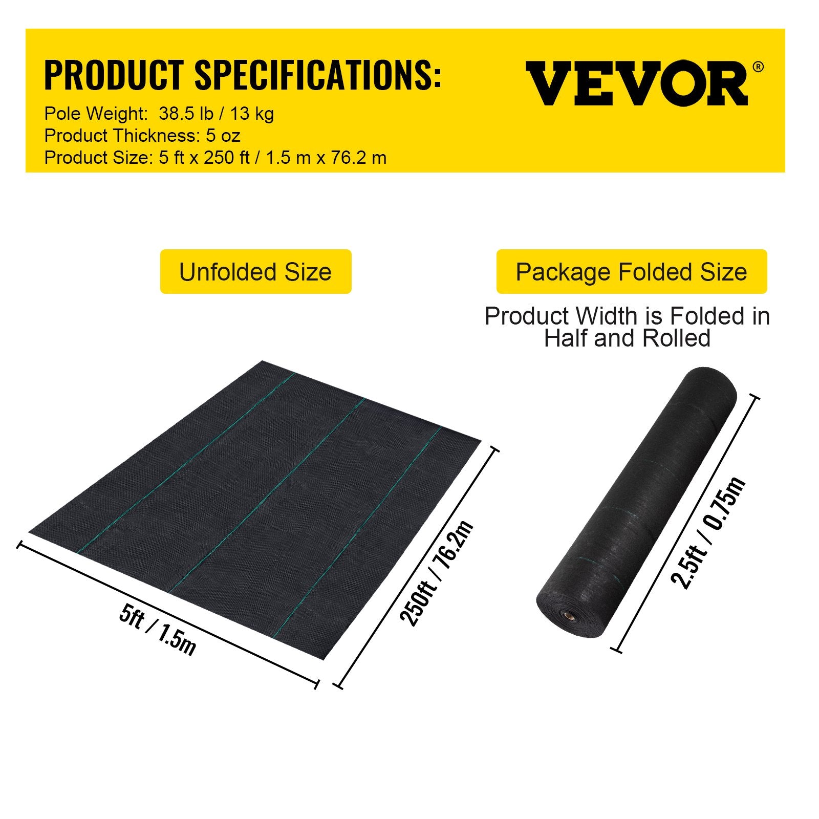 Geotekstilė nuo piktžolių VEVOR VV-WB-5250, 1,5 x 76,2 m