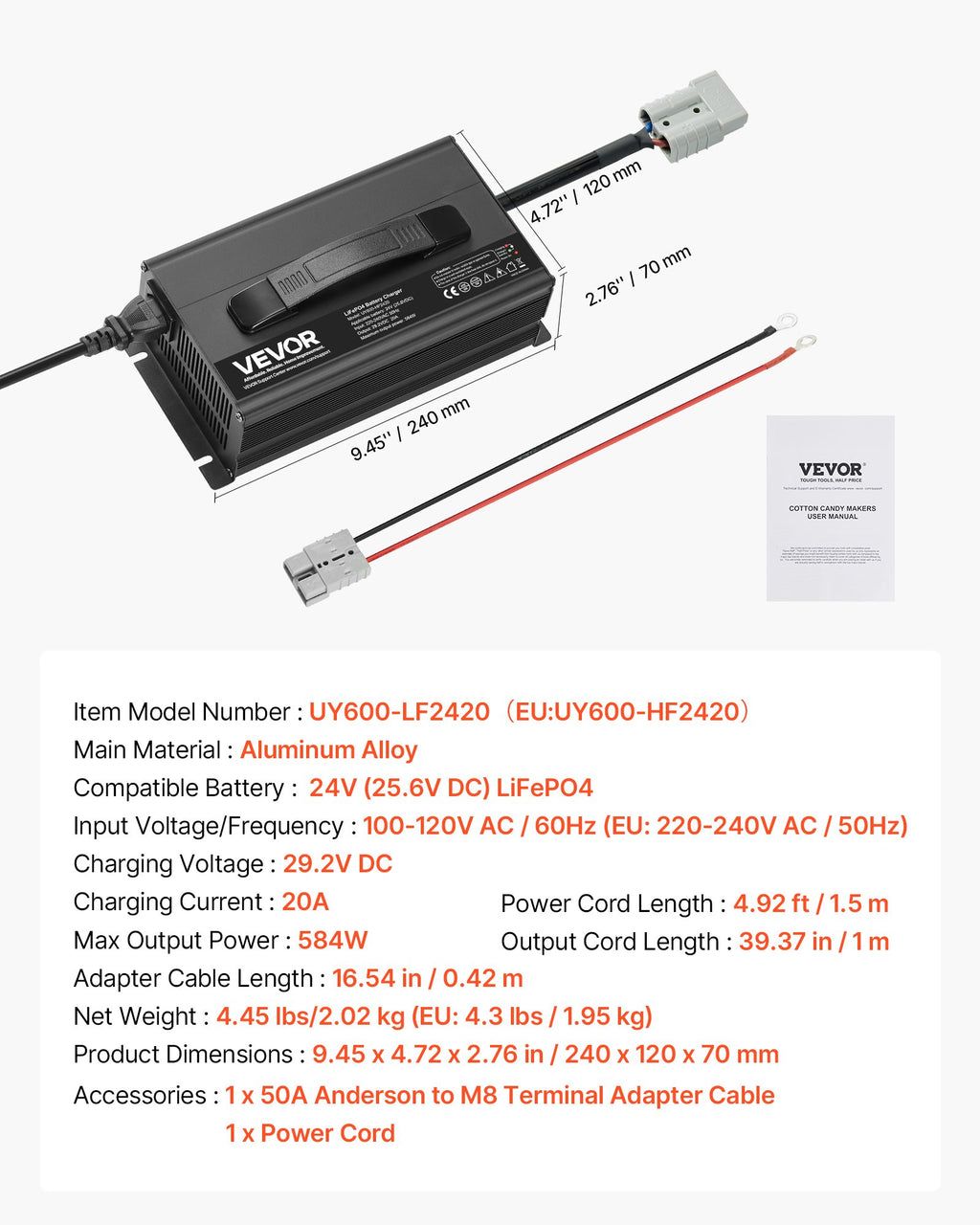 Ličio akumuliatorių įkroviklis VEVOR UY600-HF2420, 24V 20A