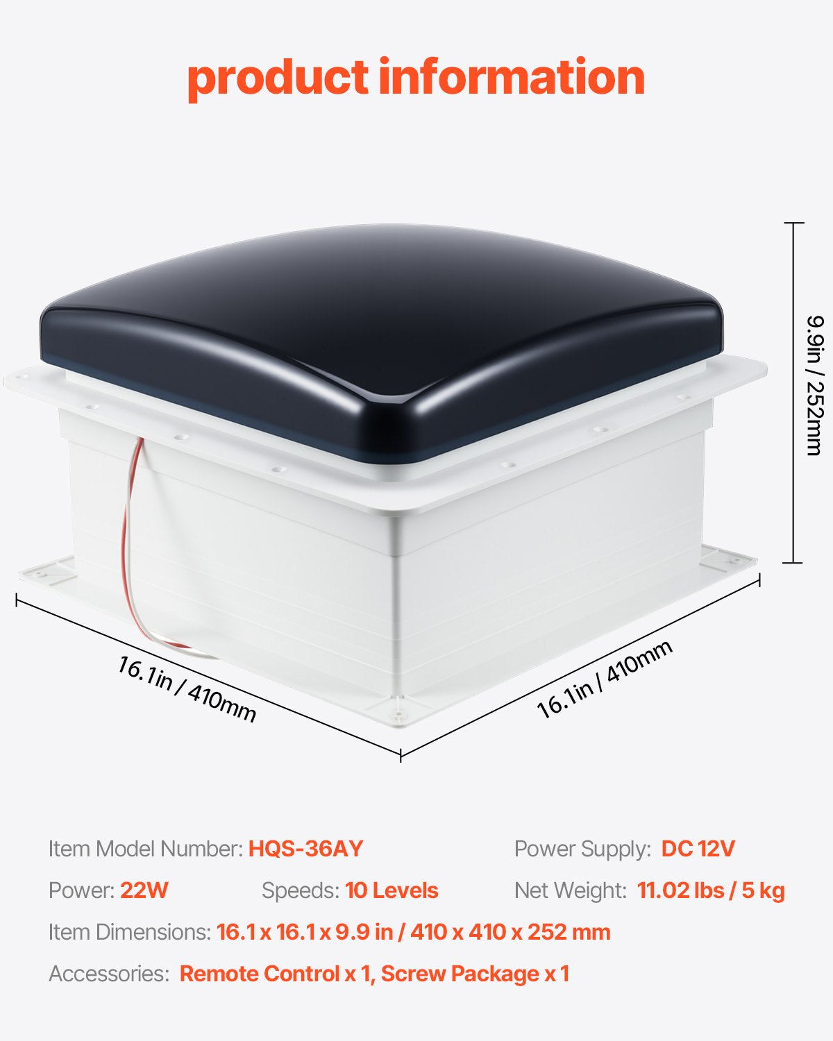 Kemperio stogo ventiliatorius VEVOR HQS-36AY, 12V