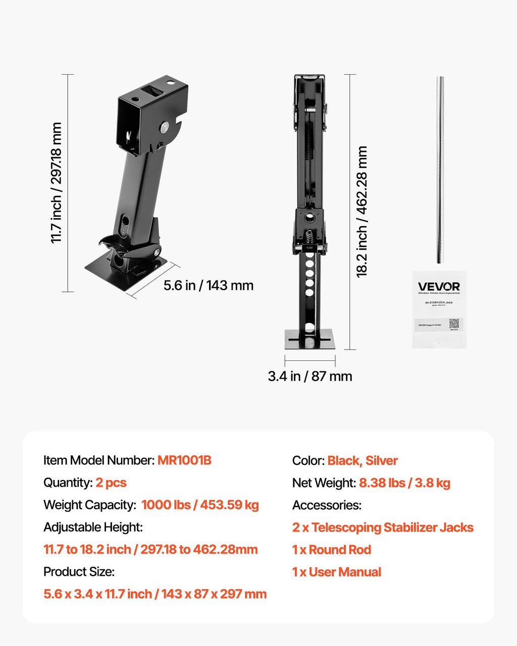 Teleskopinis stabilizavimo domkratas VEVOR MR1001B, 453,59 kg