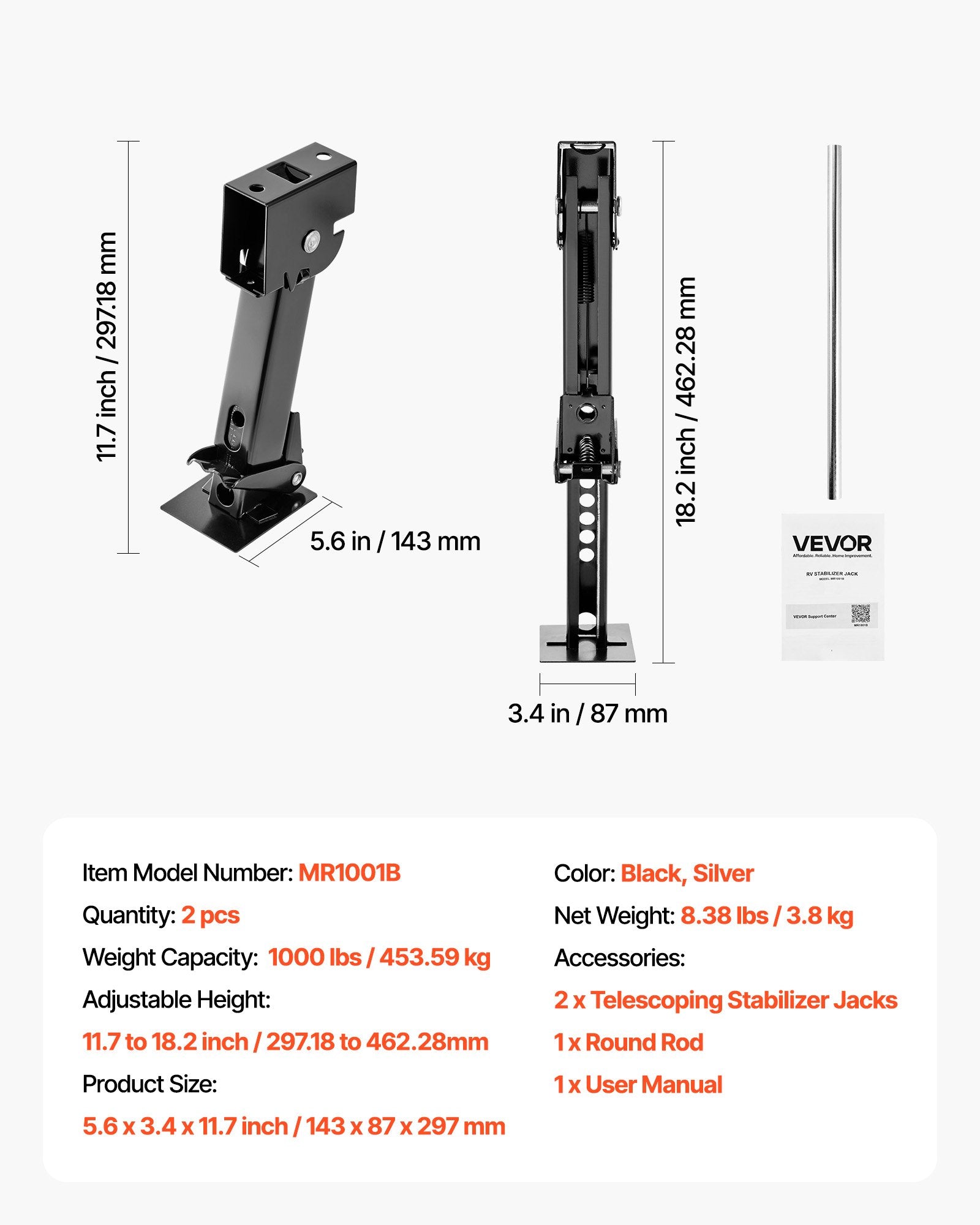 Teleskopinis stabilizavimo domkratas VEVOR MR1001B, 453,59 kg
