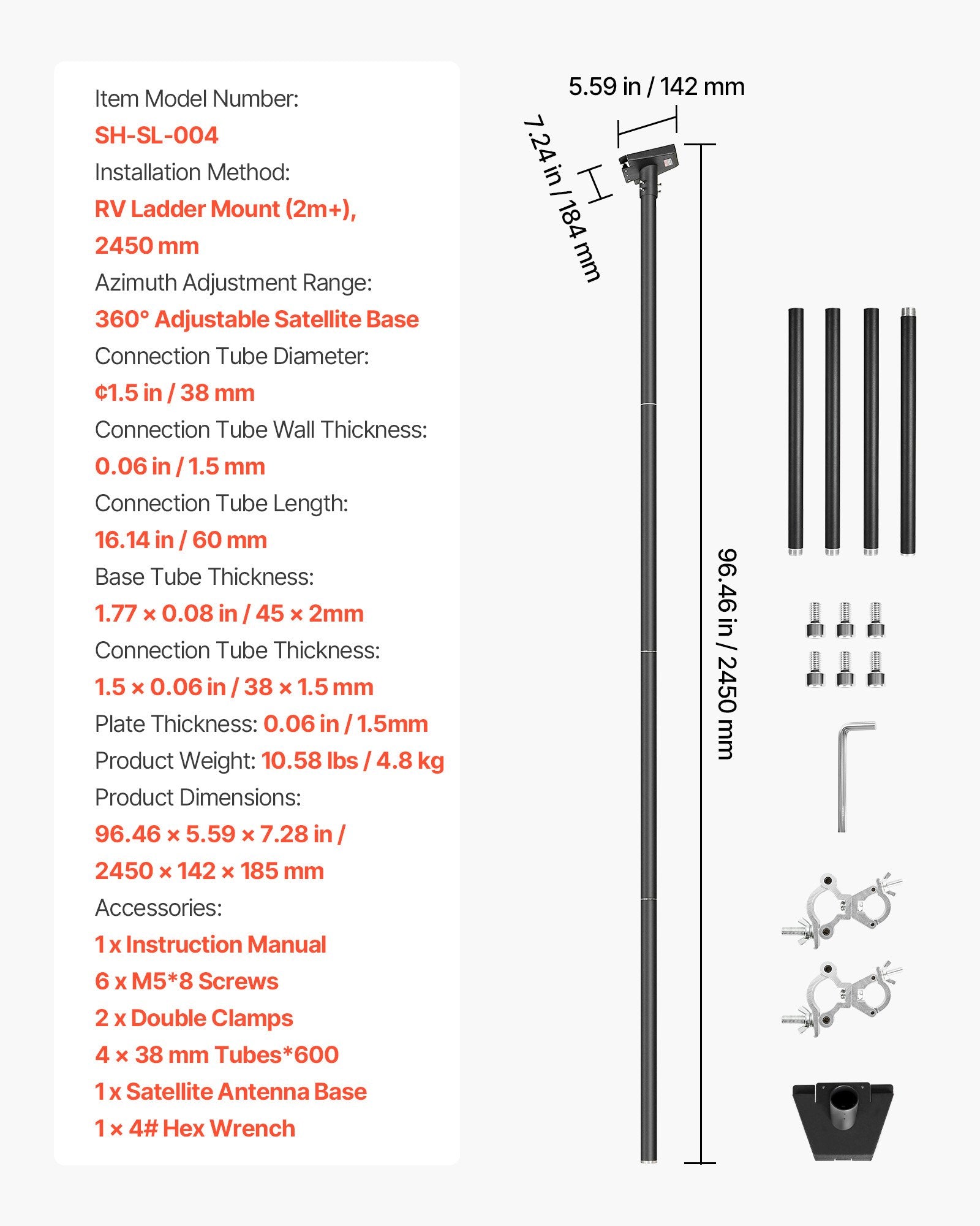 Starlink antenos laikiklis VEVOR SH-SL-004, 2,45 m ilgio