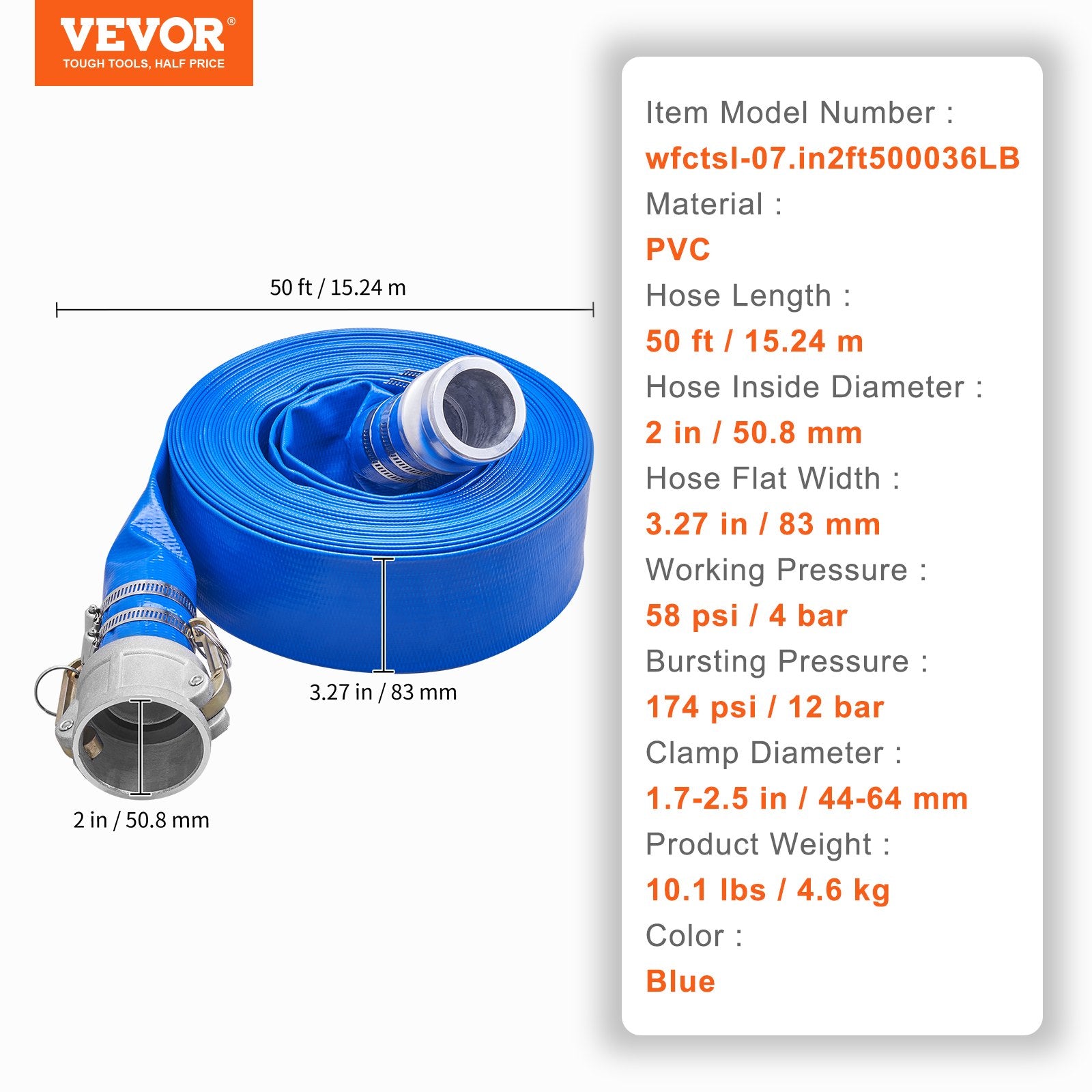 Baseino vandens išleidimo žarna VEVOR wfctsl-07.in2ft500036LB, 51 mm x 15,24 m