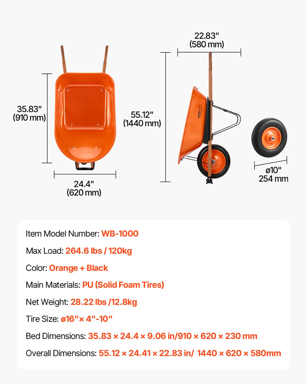 Sodo karutis VEVOR WB-1000, 120 kg keliamoji galia