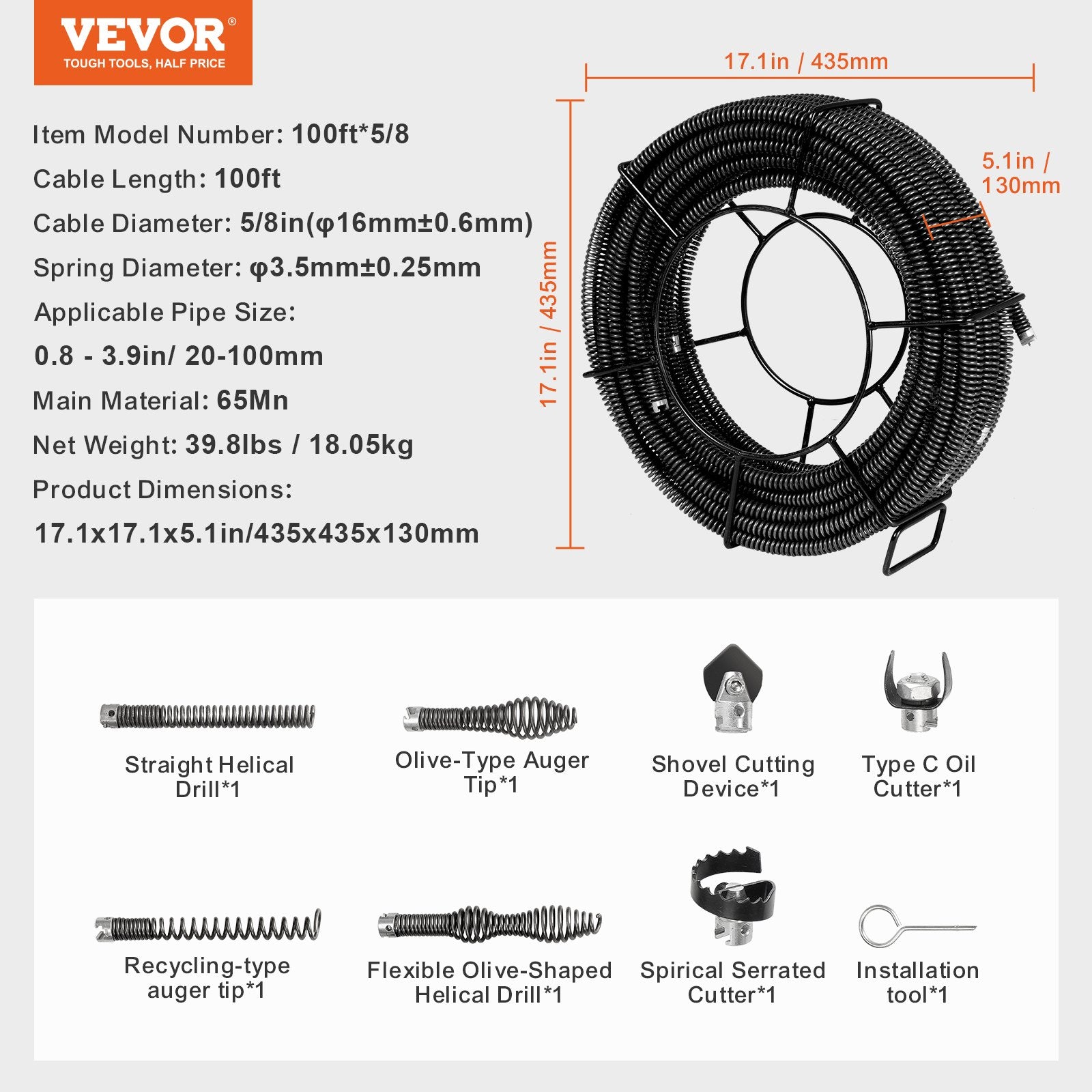 Sekcijinis vamzdžių valymo trosas VEVOR 100ft*5/8, 30,5 m