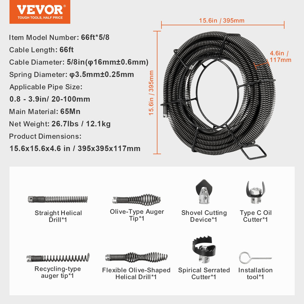 Kanalizacijos valymo trosas VEVOR 66ft*5/8, 20,1 m ilgio