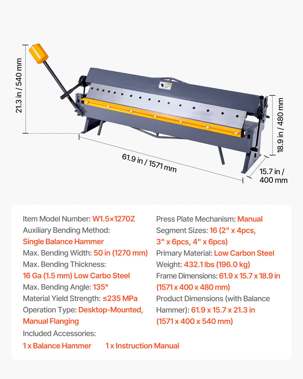 Lakštinio metalo lankstymo staklės VEVOR W1.5×1270Z, 1270 mm